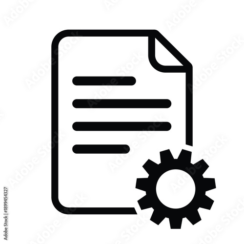 Document settings icon with gear symbol. Clean black outline vector representing configuration, file management, system control, customization, and document settings in software interfaces.