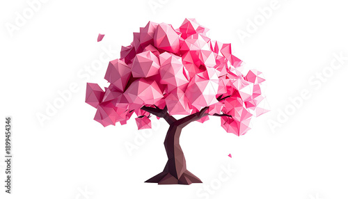 Stylized Sakura Tree Low Poly Render with Geometric Petals Isolated on Transparent Background