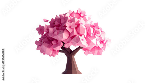 Cherry Blossom Low Poly 3D Tree with Stylized Pink Petals Isolated on Transparent Background
