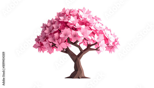 Sakura Low Poly Tree with Polygon Pink Blossoms and Modern Geometric Design Isolated on Transparent Background