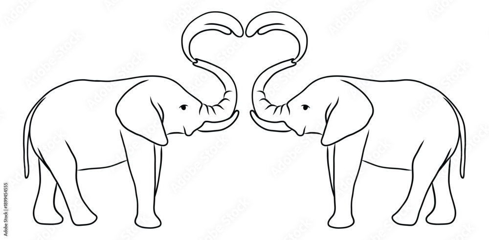 Fototapeta premium Two Elephants Forming a Heart Shape, Outline Illustration.