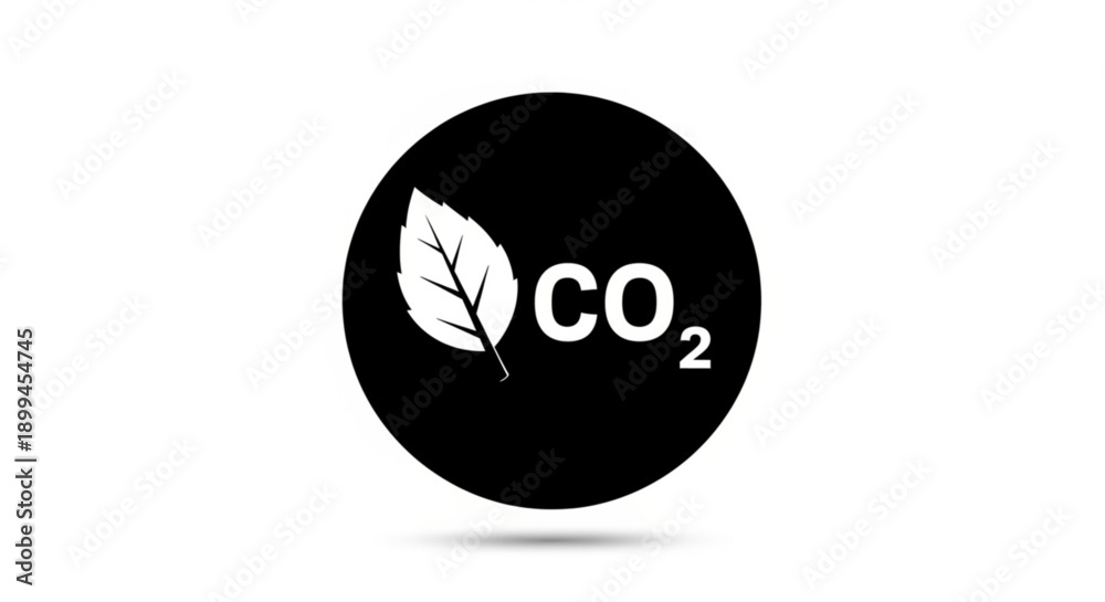 Obraz premium A black circle with a white leaf and CO2 text on a plain white background viewed from directly above