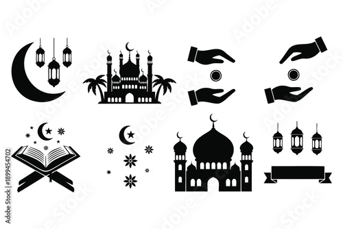 Islamic ramadan eid al fitr and eid al azha muslim symbols icons set with mosque lanterns holy book quran hands offering donation crescent moon stars
