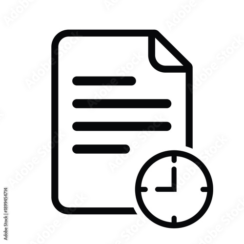 Minimalist vector icon of a document file with a clock symbol. Represents scheduled reports, pending tasks, history, or time-sensitive documentation in a clean line art style.