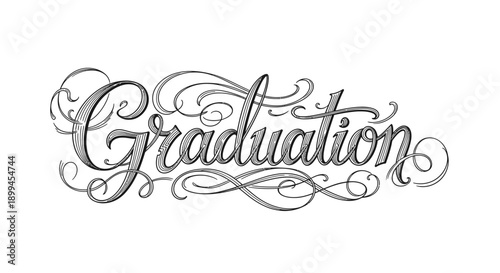 Ornate Graduation Typography with Flourishes and Swirls, isolated white background.