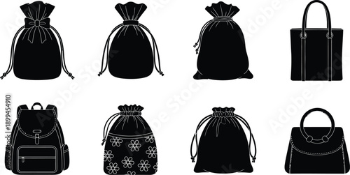 Collection of black handbags and backpacks with various designs and patterns on white background