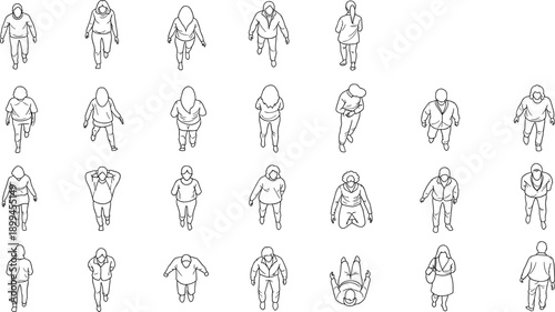 Top‑down collection of black and white line drawings showing diverse people walking, standing, and posing in various clothing and orientations
