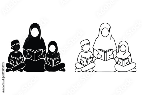 Muslim family reading books together sitting on floor  mother and children in hijab and traditional clothes