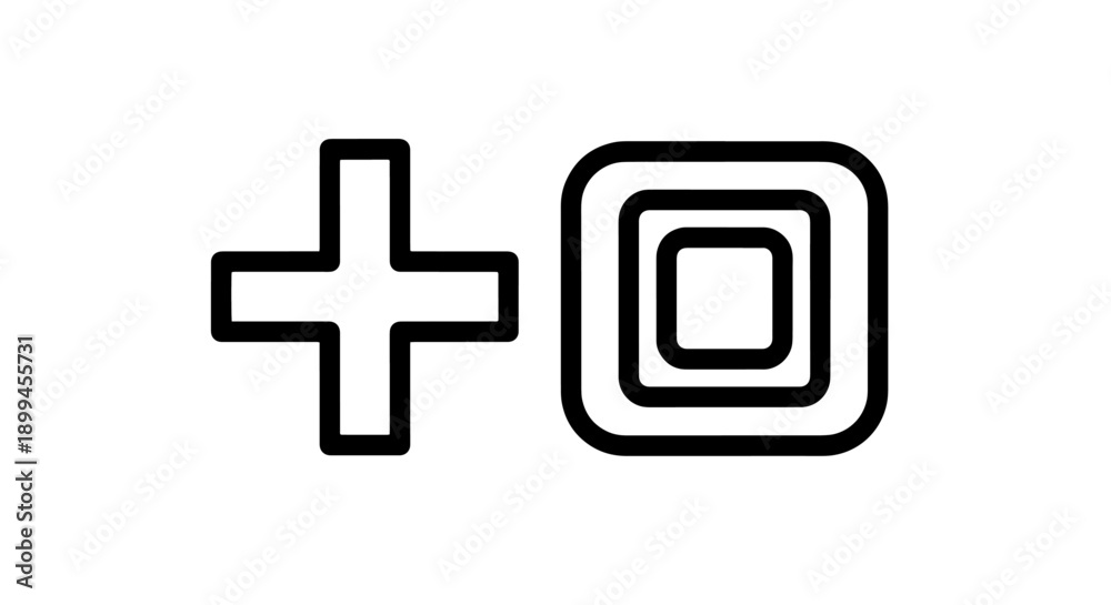Obraz premium Outline Plus and Square Icons: Add, New, Symbol, Simple Design, Contrast
