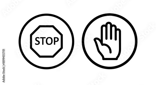Stop sign icon and hand gesture icon, representing warning and prohibition.