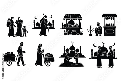 Ramadan Kareem Muslim people and mosque silhouettes in various activities  family shopping and praying