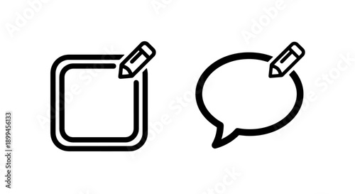 Line icons of a pencil writing in a square and a speech bubble, symbolizing notes and communication.