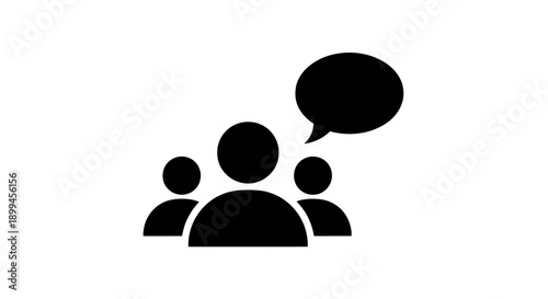 Black icon of a group of people with a speech bubble, representing communication and discussion.