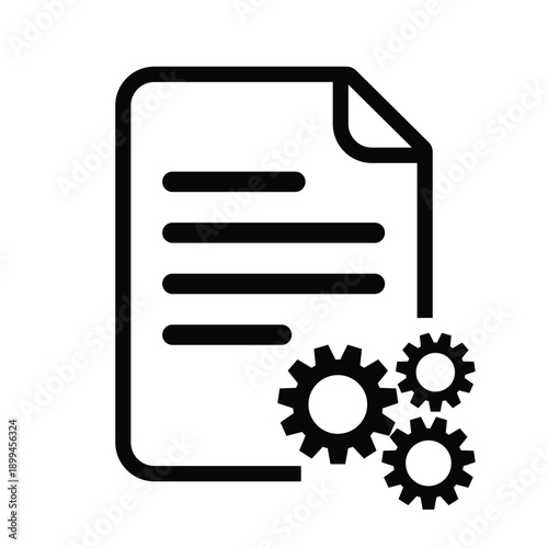 File document icon with three mechanical gears. Symbolizes data processing, system settings, automated workflow, technical documentation, and administrative