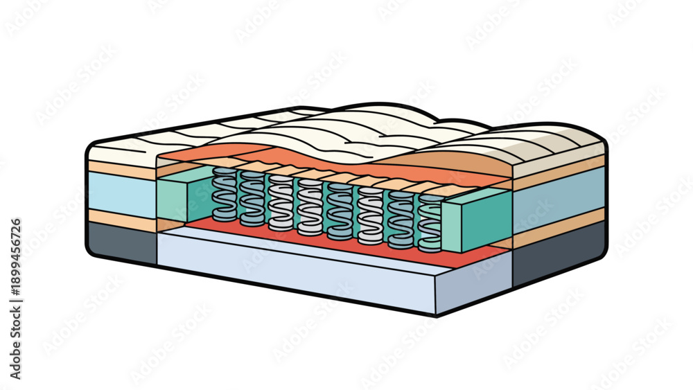 Obraz premium Detailed cross section diagram of a modern mattress reveals internal pocket springs and multiple layers of comfort foam and fabric.