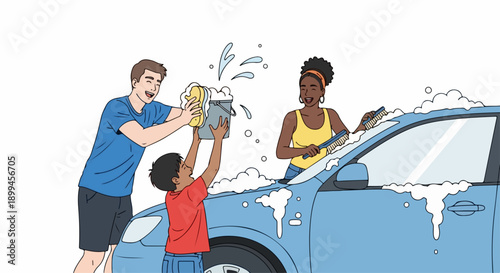 Diverse family car wash activity, parents and child happily cleaning blue automobile outdoors. Enjoyable family car wash day with teamwork, soap suds, and splashing water.