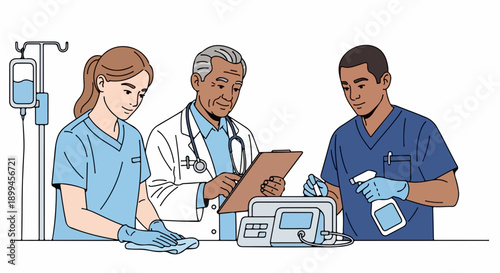 Illustration features diverse medical team, female nurse cleaning, doctor reviewing clipboard, male nurse sanitizing equipment. Diligent medical team maintains hygiene standards,