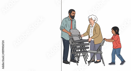 Diverse people helping move stack of gray folding chairs, working together. Adult man, elderly woman, and young child demonstrate unity, people helping during setup.