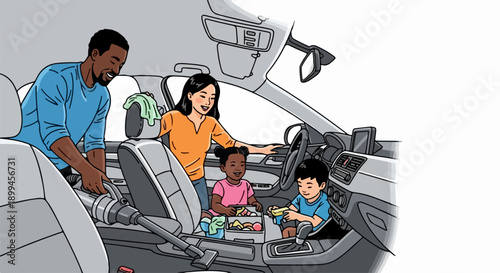 Family car interior cleaning, father vacuums vehicle passenger area while mother assists two young children in front seat. Kids occupy themselves during car interior cleaning.