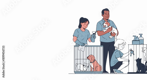 Family volunteering at animal rescue center, caring for dogs and cats in cages. People participate in animal rescue, cleaning kennels and providing comfort to rescued pets.