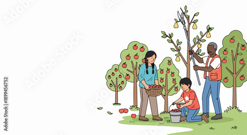 Family enjoying fruit picking in orchard, gathering fresh produce from trees. Diverse generations collaborate in fruit picking activities, adult uses pole.