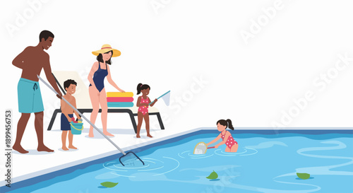 Family performs active pool cleaning, removing leaves with net and bucket. Parents teach children vital pool cleaning, ensuring clear conditions for summer fun.