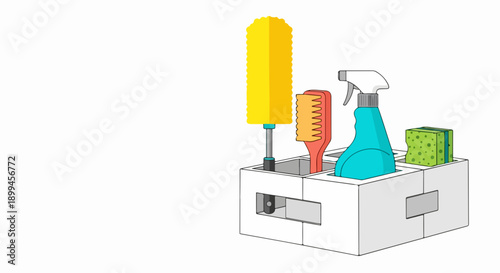 Colorful cleaning supplies box with blue spray bottle, tall yellow plunger, orange brush, and green sponge presented neatly.
