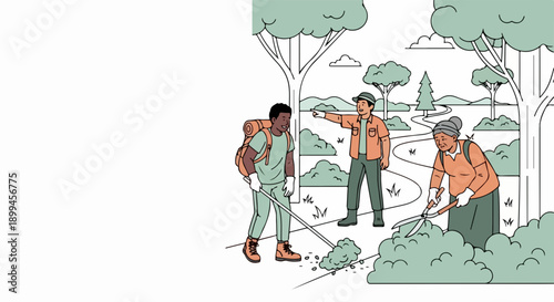 Three individuals performing park cleanup, clearing nature area with hand tools. Dedicated volunteers engage in park cleanup, improving public outdoor space.