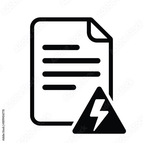 Document icon with a lightning bolt inside a warning triangle. Represents electrical reports, high-voltage alerts, critical errors, emergency files, and safety instructions.
