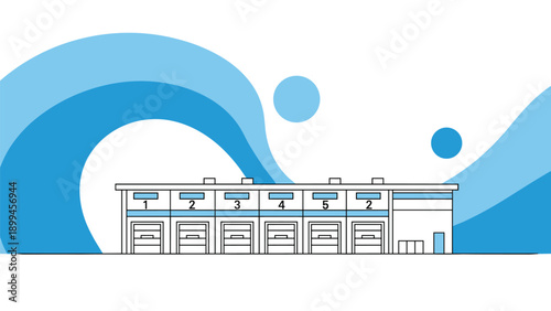 Large industrial warehouse building with multiple loading dock doors stands against a blue and white abstract wave background design.