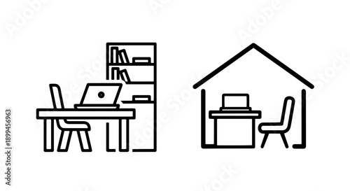 Work from home icons: laptop on desk with bookshelf and home office setup