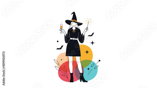 Stylized witch character wearing a black hat holds a drink and a sparkler surrounded by bats and colorful circular background shapes.