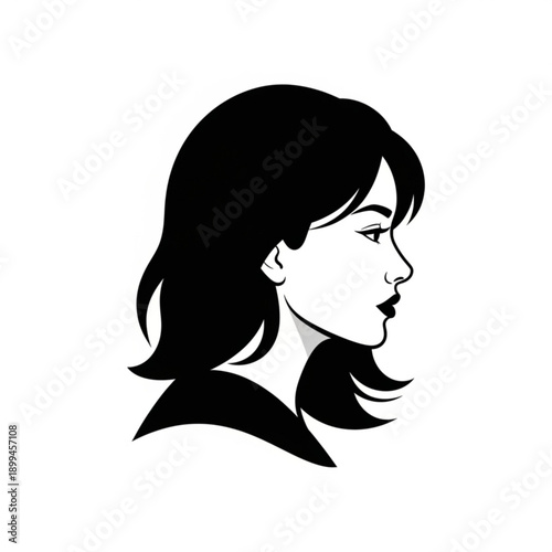 A minimalist black silhouette of a woman's head in profile, facing right, with medium length hair