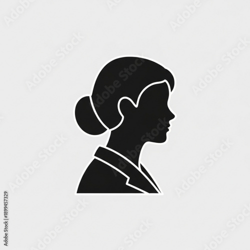 A minimalist black silhouette of a woman's head and shoulders in profile, facing right, with her hair pulled back into a bun.