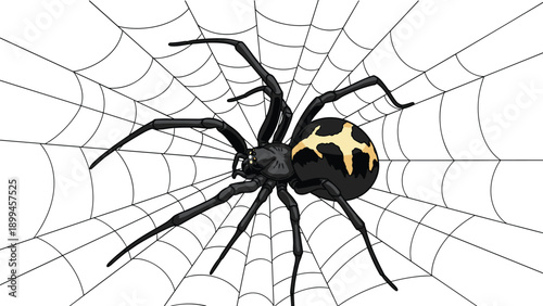Large black spider with a distinctive yellow cross pattern on its abdomen resting in the center of its intricate white silk web.