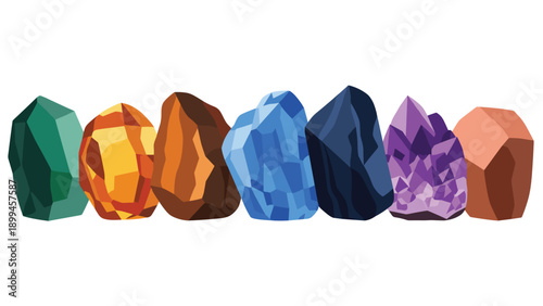 Colorful collection of various gemstones and crystals arranged in a row including amethyst, emerald, and sapphire in their rough mineral forms.