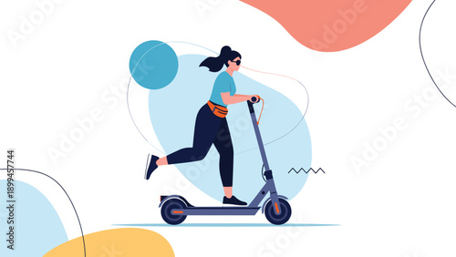 Modern woman in stylish casual clothes and sunglasses riding a grey electric scooter through an abstract background with colorful shapes.
