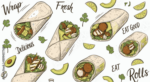 Delicious food wraps with fresh ingredients and herbs on white background