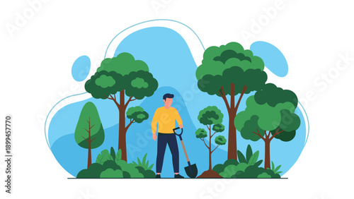 Dedicated man using a shovel to plant a small young tree in a lush green forest clearing during an environmental conservation project.