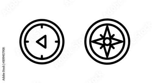 Simple black and white outline icons of a compass and a wind rose on a white background