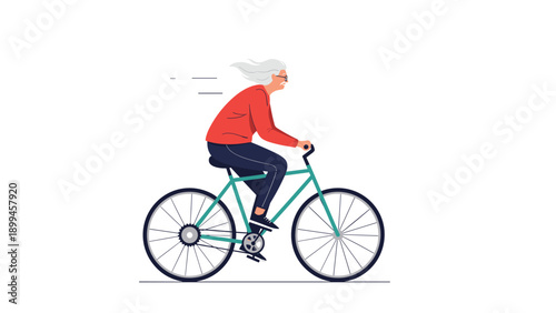 Energetic senior woman with grey hair riding a green bicycle at high speed with motion lines indicating her fast and active movement.
