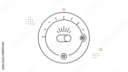 Minimalist line art illustration of a circular dial or gauge with a toggle switch in the center and decorative dots in the background.