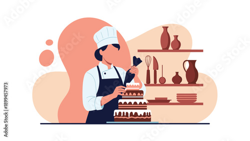Professional pastry chef wearing a white hat and apron carefully decorating a multi-tiered chocolate cake with white icing in a kitchen.