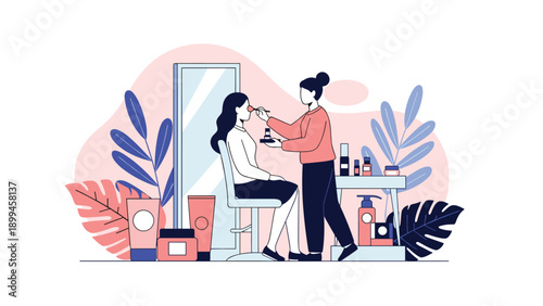 Professional makeup artist applying cosmetics to a woman sitting in a chair in a beauty salon surrounded by various skin care products.