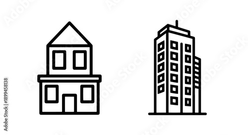 Simple black outline icons of a house and a high-rise apartment building