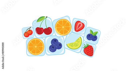 Selection of fresh fruits including strawberries, blueberries, oranges, and cherries frozen inside clear square ice cubes in a group.