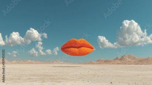 Bright orange lips float over a barren landscape under a blue sky with clouds