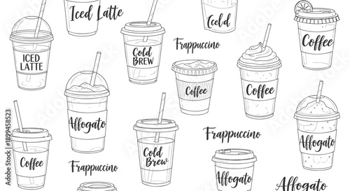 Variety of coffee drinks and cold beverages in labeled disposable cups