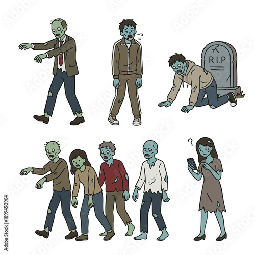 様々な姿のゾンビと群れのイラストセット ホラー素材