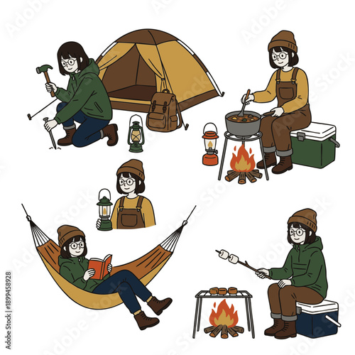 ソロキャンプを楽しむ女性のイラストセット アウトドアシーン